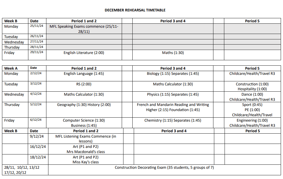 Y11 Mock Exam timetable - Cowley International College - St Helens
